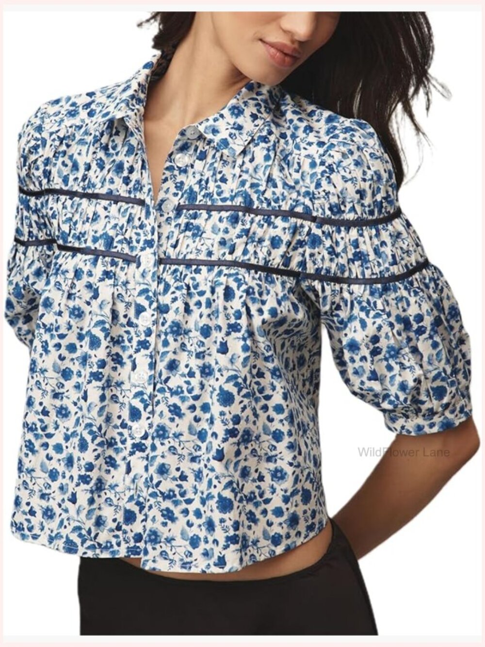 Women's Puff Sleeve Floral Peplum Crop Top Y2k Button Down Blouse - Picture 1 of 4
